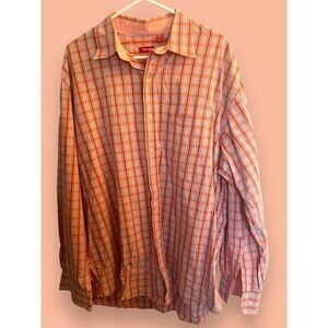 IZOD Men's Long Sleeve Shirt Size XLT Orange White Plaid Flannel Cotton Blend